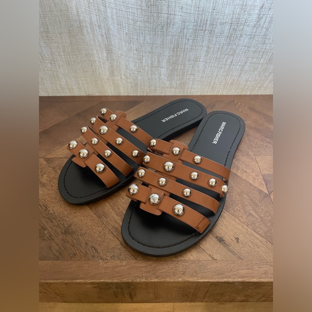 Marc Fisher Sandals Womens Size 7.5 Perth Slide Brown Black Studded Flats
